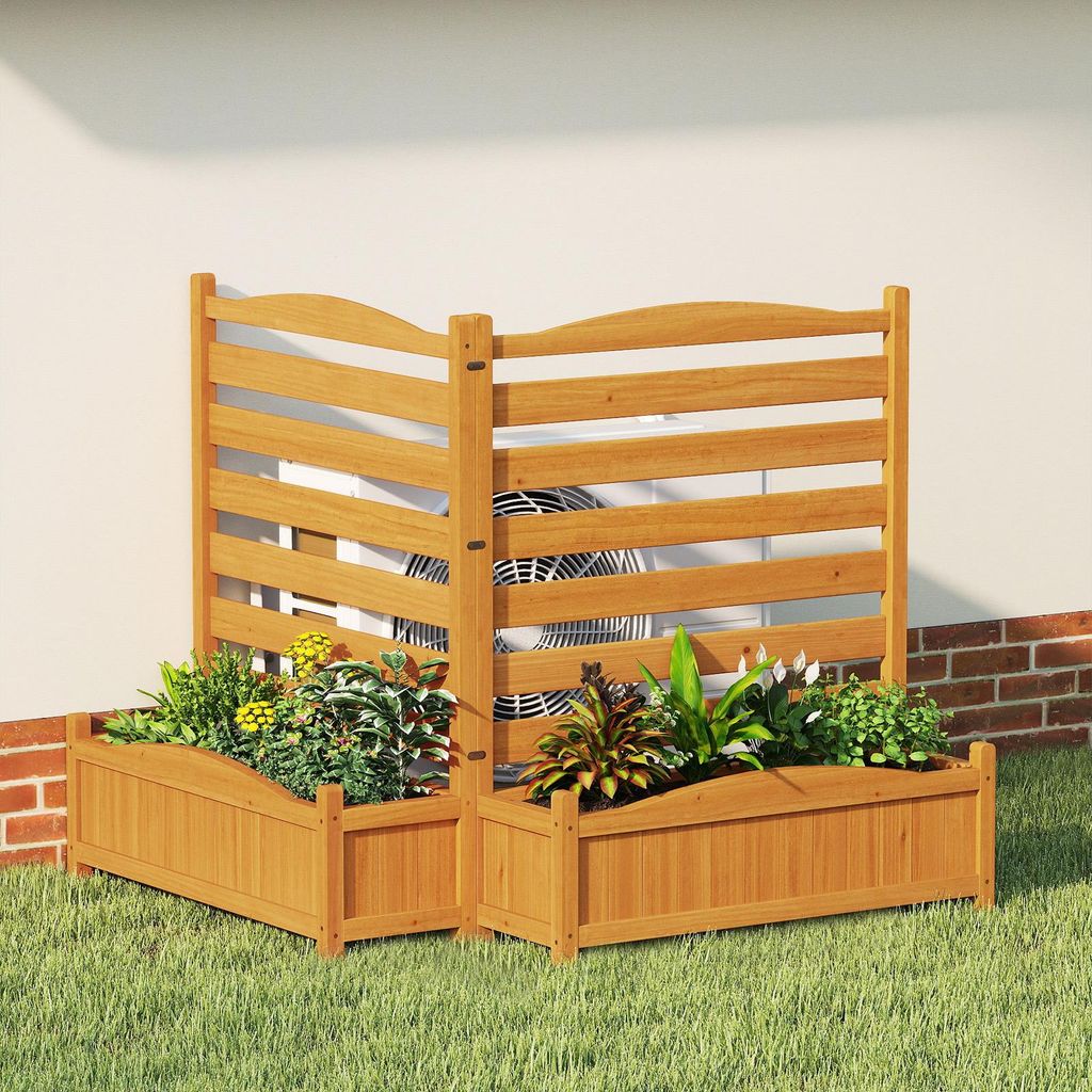 COSTWAY Blumenkasten, Zaun für Klimaanlagen & Mülleimer, 101cm hoch, Hochbeet mit Spalier, Gartenzaun&Ablauflöchern, 2 Pflanzkästen, Natur (2-t...