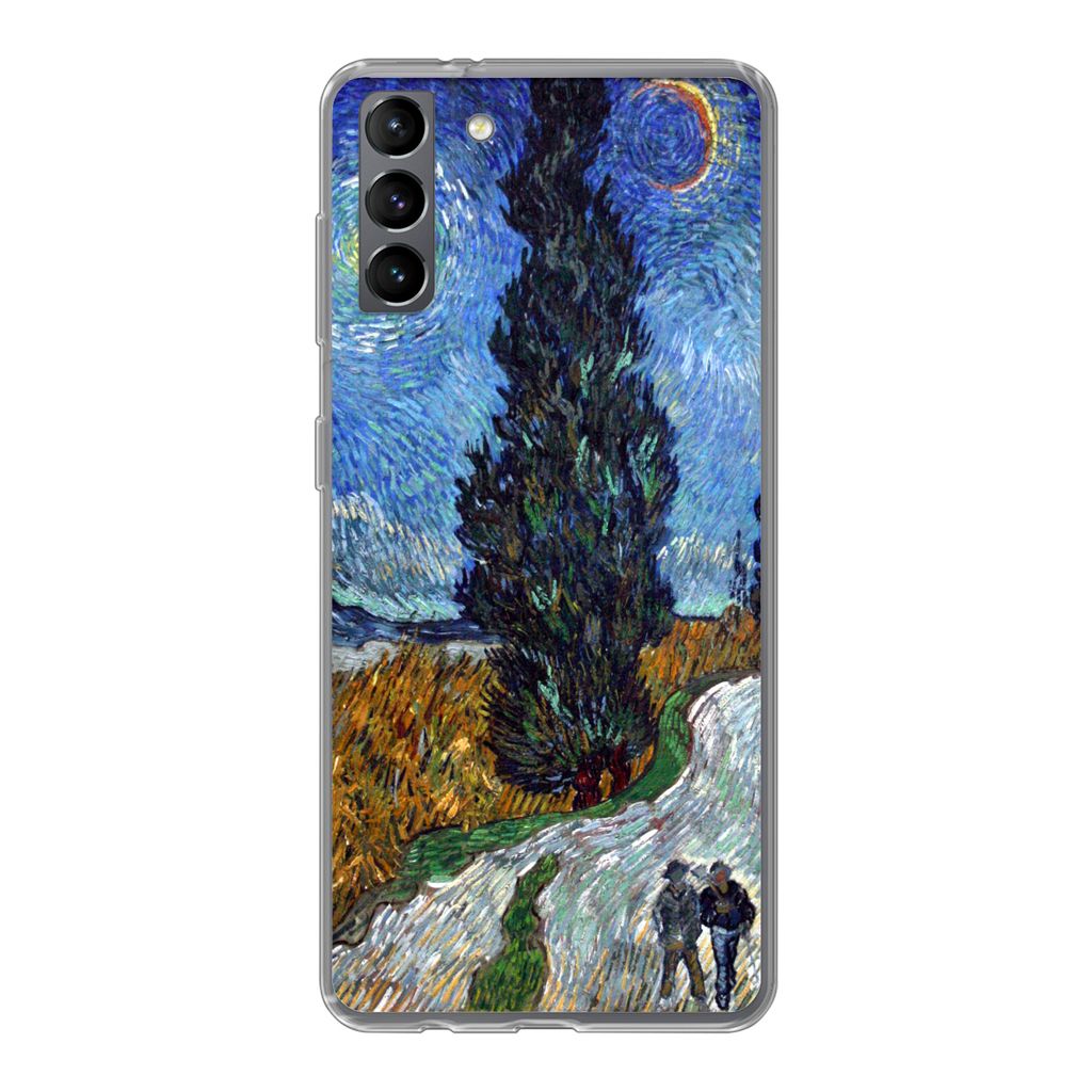 MuchoWow Handyhülle Schutzhülle Hülle für Samsung Galaxy S21 Plus Straße mit Zypresse und Stern - Vincent van Gogh Silikon Softcase Handy H...