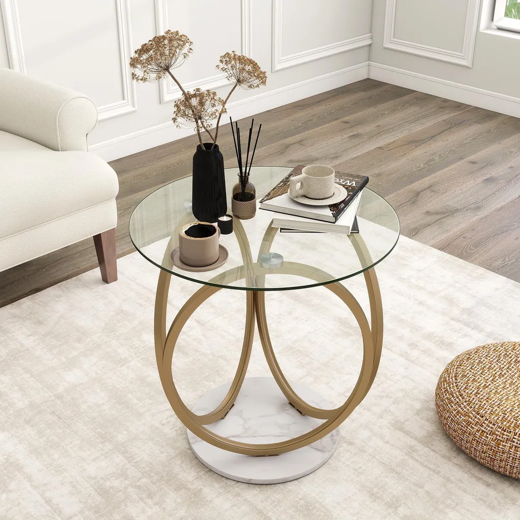Table basse robuste en verre trempé contre les rayures, structure or - 2