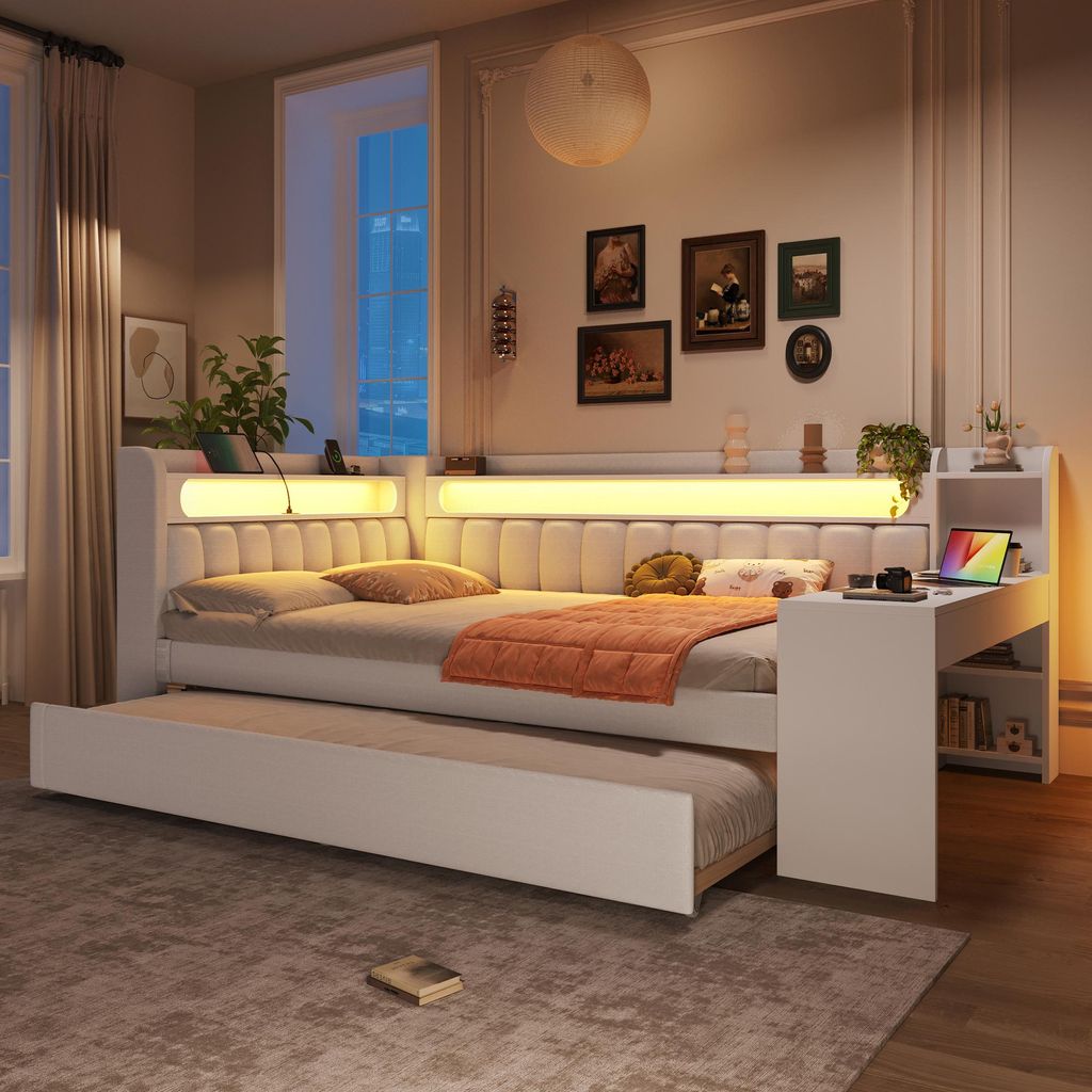 Tagesbett 140x200 cm gepolstert, mit 90x190 cm Ausziehbett, Produktbild 