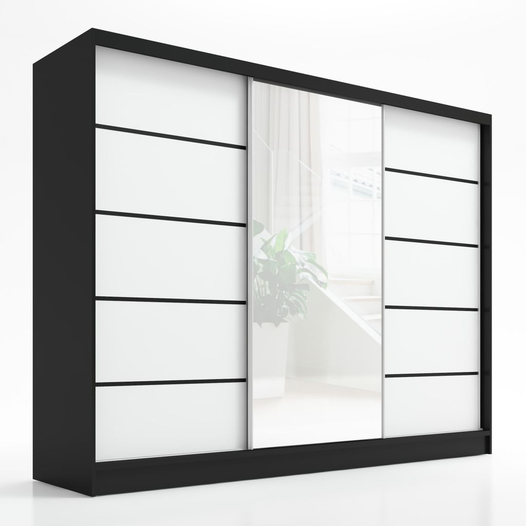 Schwebetürenschrank, 3-türig Schrank 200 cm mit Spiegel ARIVA 2 (Schwarz / Weiß)