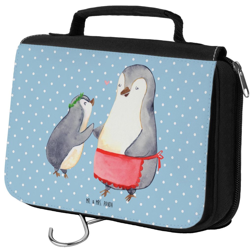 Mr. & Mrs. Panda Kulturtasche Pinguin mit Kind - Blau Pastell - Geschenk, Mutter, Mom, Schminktasche, Muttertag, Familie, kulturtäschchen, kosmeti...