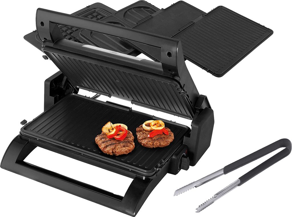 A black electric grill with two burgers on the bottom plate and a pair of tongs next to it.