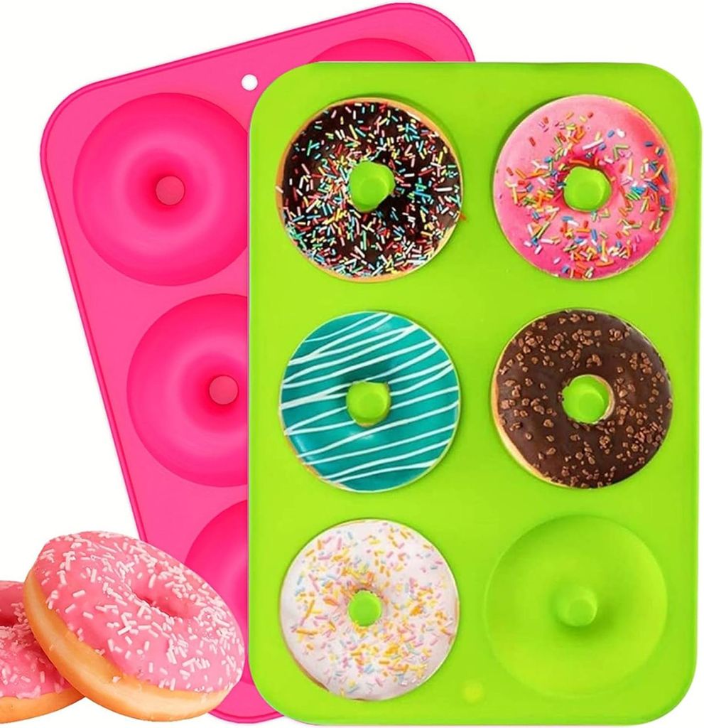 Donut Backform Silikon mit 6 Fächern - Hitzebeständiges Backblech für Kuchen und Kekse - Grün & Rosa