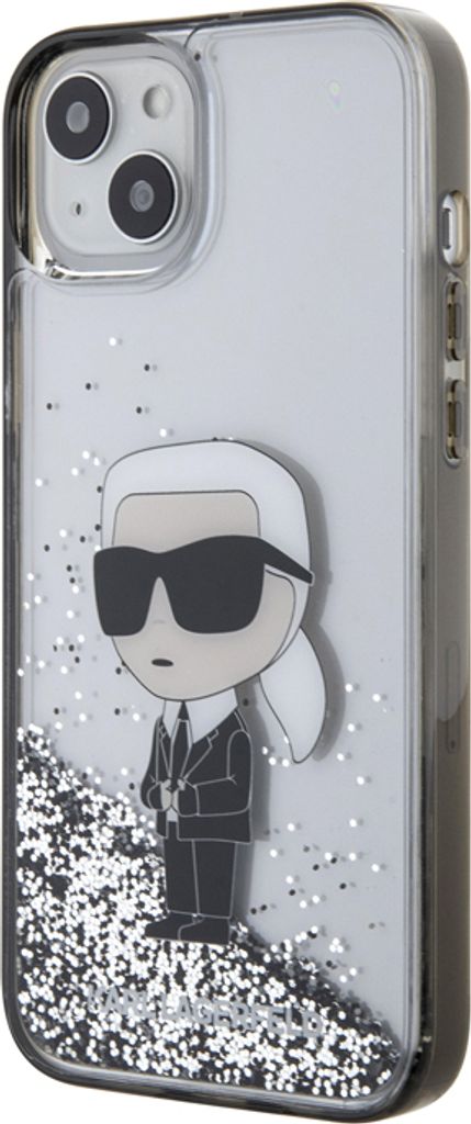 A transparent iPhone case with glitter and a Karl Lagerfeld Ikonik figure inside.