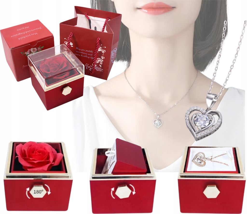 A collage of images showing a gift box with a preserved rose, a necklace, and a gift bag, with a woman wearing a similar necklace in the background.
