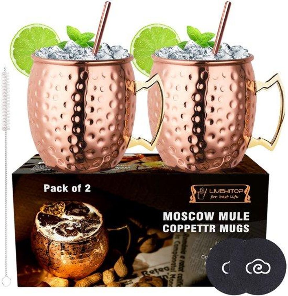 Kupferner Mok Set 2tlg, 19,5 Oz, mit Untersteller und Bieröffner