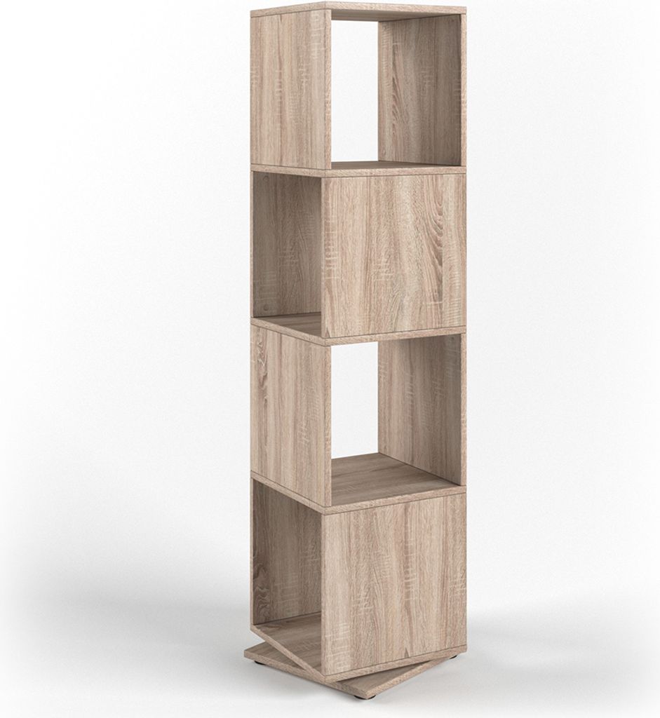 A tall, narrow, rotating bookshelf with four cubic shelves, made of light brown wood-look material, is shown against a white background.