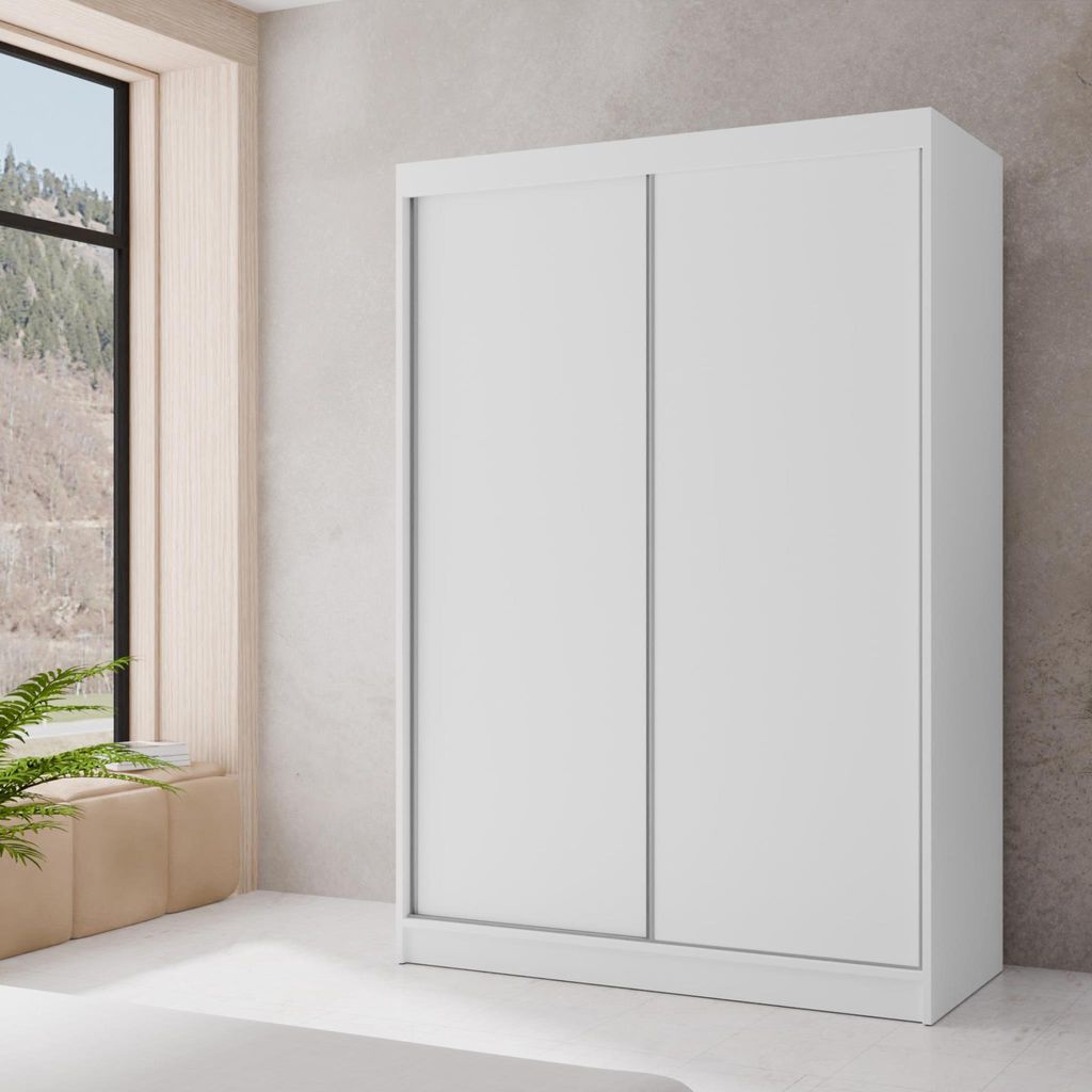 Kleiderschrank mit Schiebetüren Bergamo modernes Schiebetürenschrank mit Regale und Kleiderstange stilvoll Garderobenschrank mit LED, Farbe: Wei...