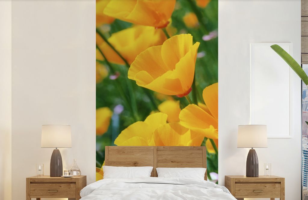 MuchoWow Fototapete für Wohnzimmer oder Schlafzimmer Wandtapete Vinyl Motivtapete Blumen - Garten - Orange - 120x240 cm - Hintergrundbild