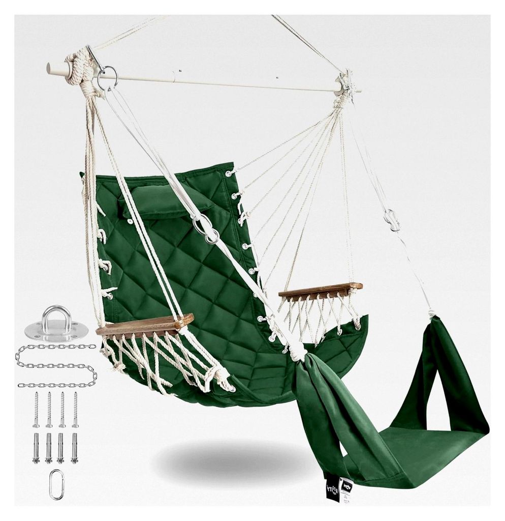 Hängematten-Schaukelstuhl mit verstellbarer Fußstütze und Kopfstütze, gesteppter Stoff und Stahl-Spreizstange, 159 kg Tragfähigkeit, Holzarmle...