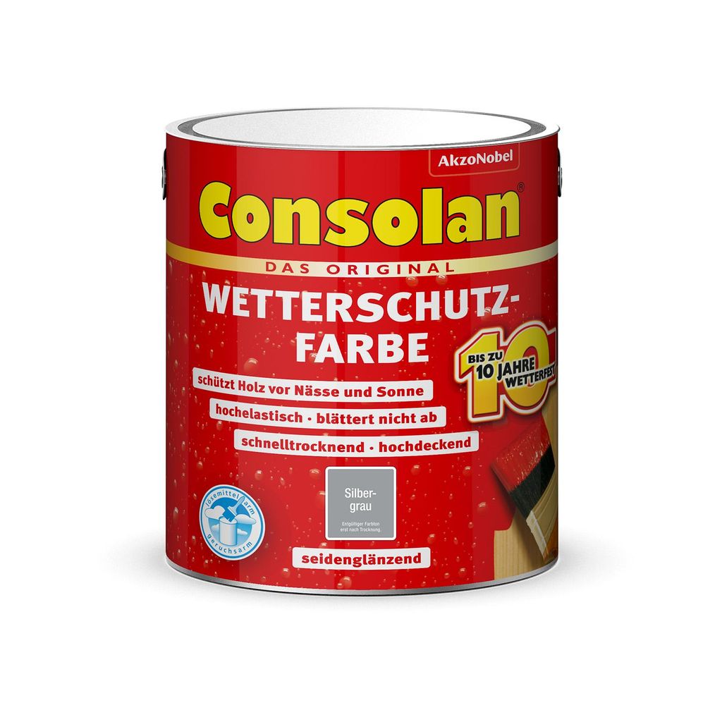 A can of Consolan Wetterschutz-Farbe (weather protection paint) in Silbergrau (silver gray).