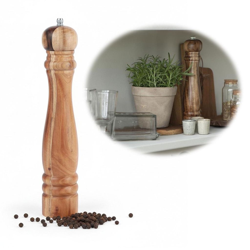 LS-LebenStil Exklusive XL Holz Salzmühle & Pfeffermühle Akazie Braun 32cm groß Keramikmahlwerk Gewürzmühle Mühle für grobes Salz Pfefferkörner