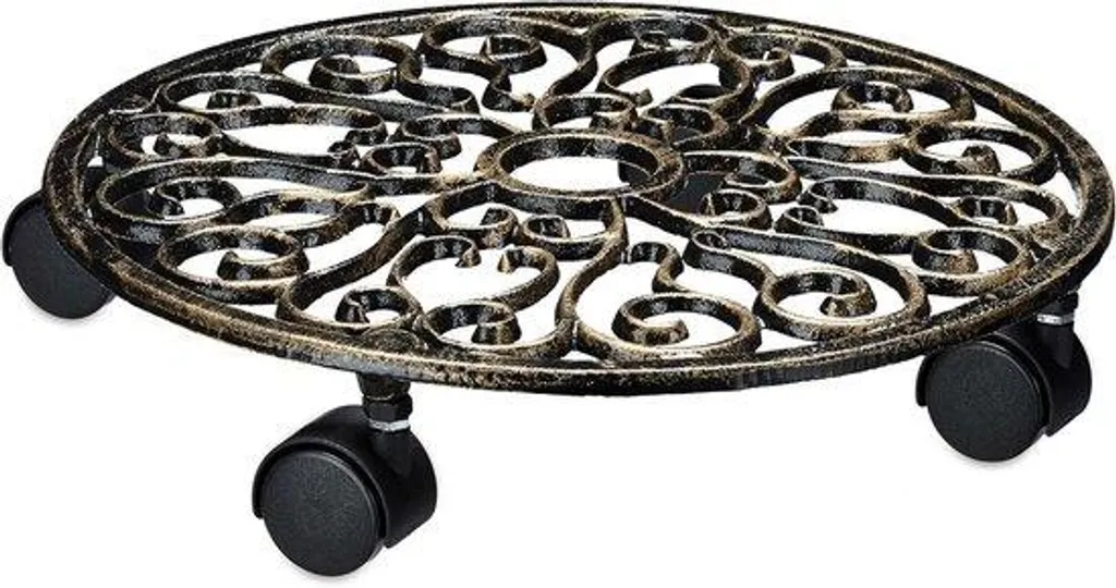 Chariot à plantes robuste Ø 33,5 cm en métal bronze avec 4 roues