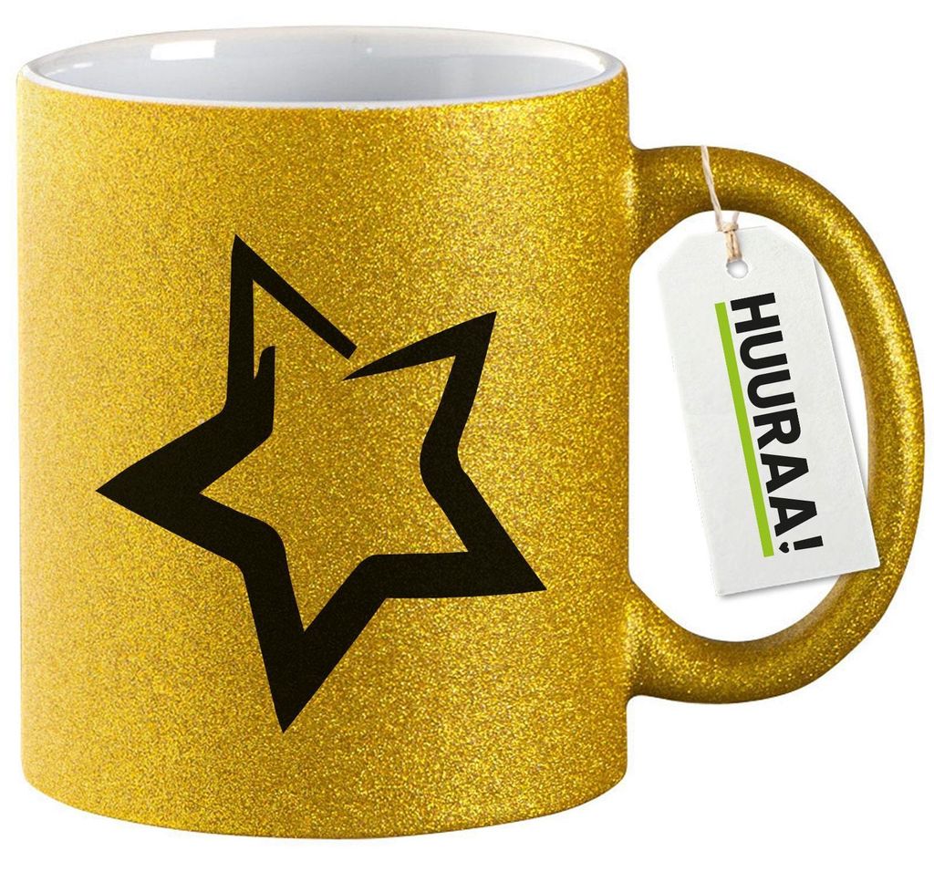 Huuraa Glitzertasse Stern Star 330ml Gold Keramik Kaffeebecher Geschenkidee