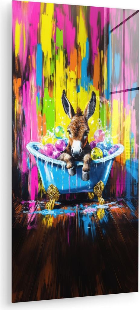 MuchoWow Glasbilder - Bilder auf Wandbild - Foto auf Glas Esel - Badewanne - Rosa - Schaumstoff 40x80 cm Wanddekoration aus Glas - Acrylglasbild - ...