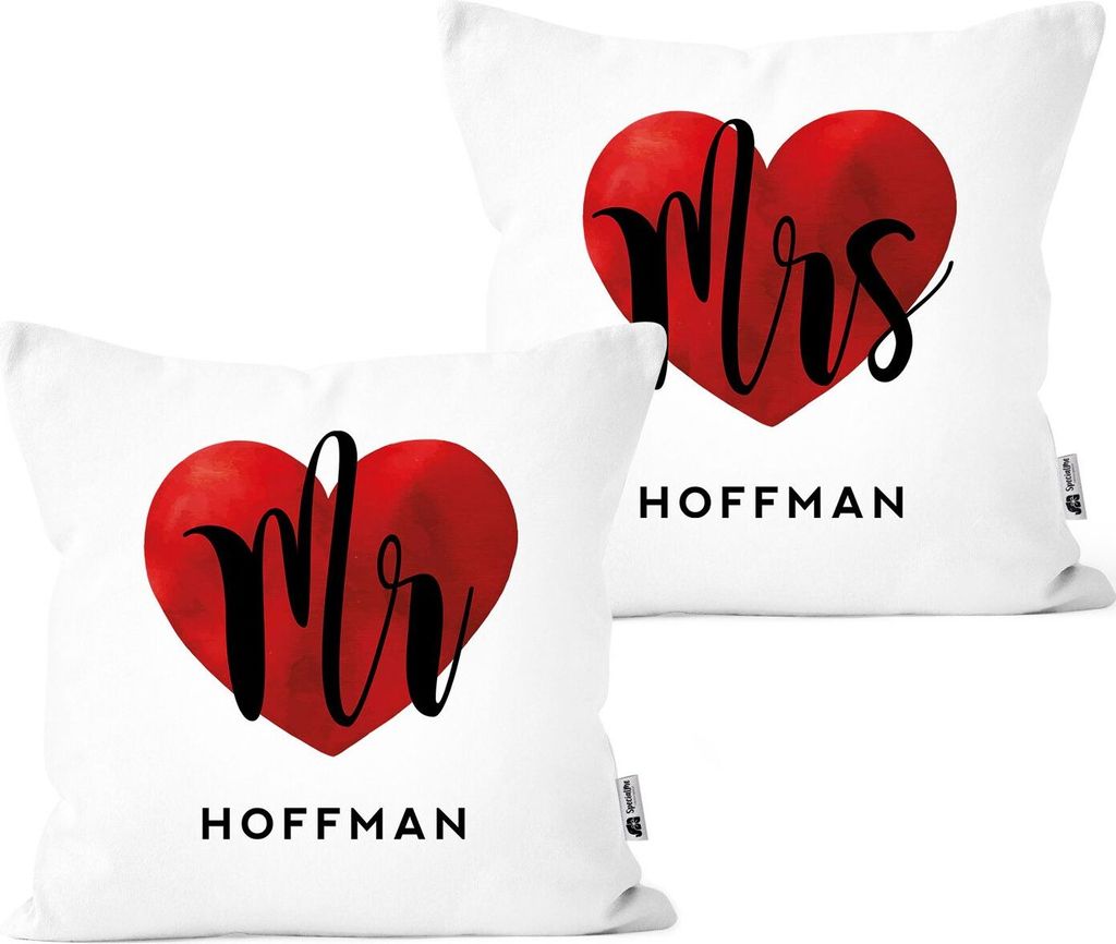 Mr & Mrs Partner Kissen-Bezüge 2er Set personalisiert mit Namen als Geschenk zur Hochzeit SpecialMe Watercolor Herz weiß 40cm x 40cm