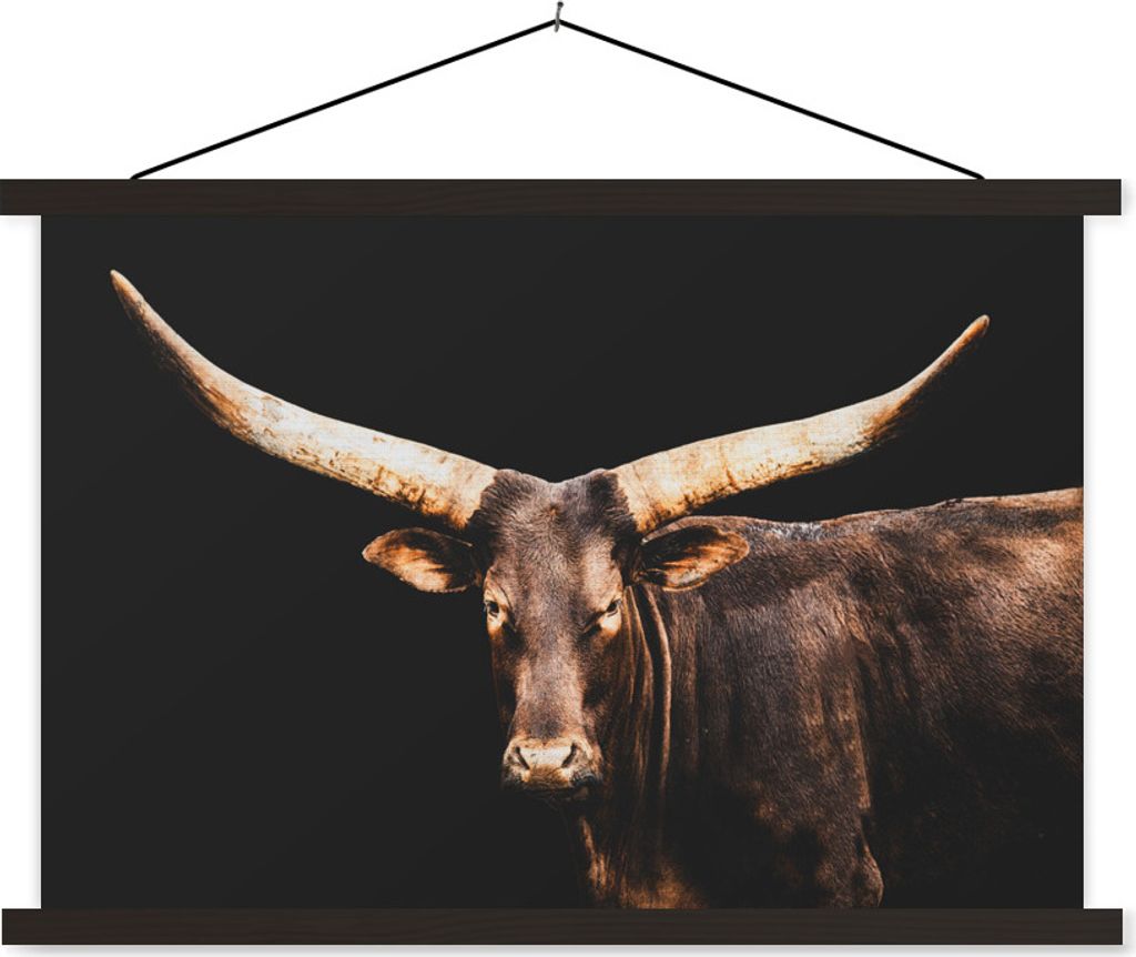 MuchoWow Textilposter Kuh - Watussi - Schwarz 60x40 cm mit schwarzem Rahmen - Hölzernes