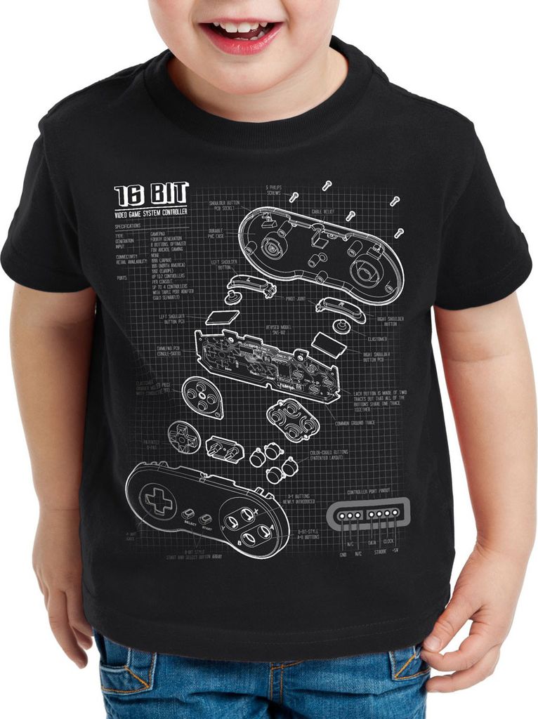 style3 SNES Controller Blaupause Kinder T-Shirt 16-Bit Videospiel