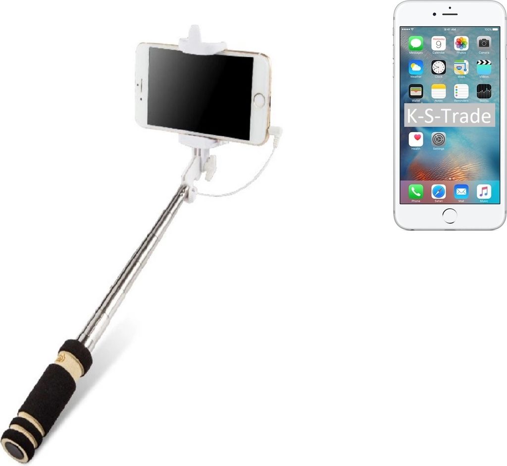 K-S-Trade Selfie Stick kompatibel mit Apple iPhone 6s Plus Selfiestick kabelgebunden Monopod mit Kabel Stab Stange Selfportrait Handheldstick schwarz