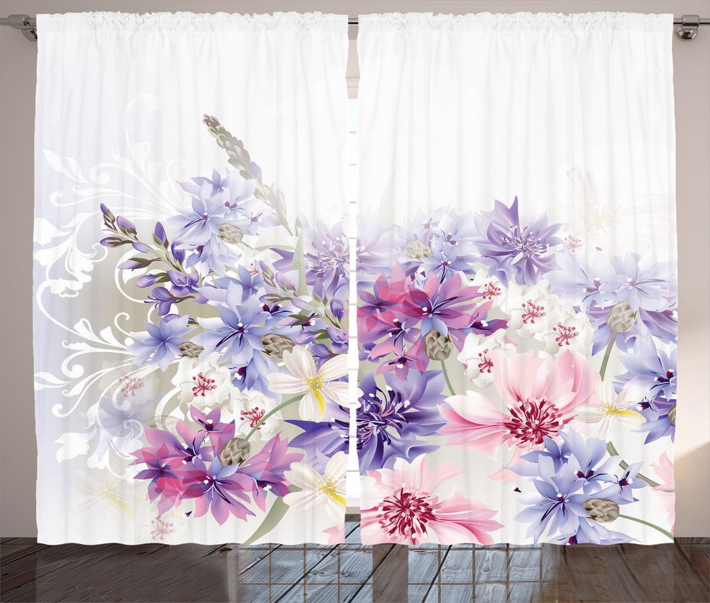 ABAKUHAUS Lavendel Rustikaler Gardine, Rosa Lila Blumen, Schlafzimmer Kräuselband Vorhang mit Schlaufen und Haken, 280 x 245 cm, Violett Weiß Rosa