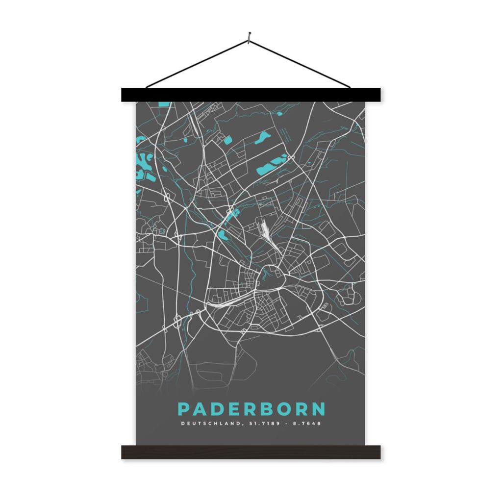MuchoWow Textilposter Karte - Paderborn - Blau - Stadtplan - Deutschland 60x90 cm mit schwarzem Rahmen - Poster Wohnzimmer