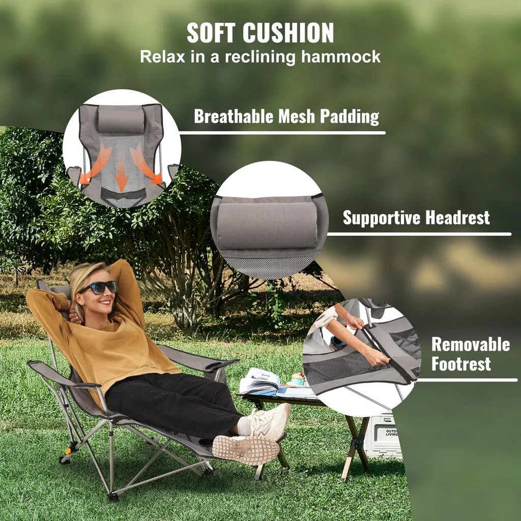 Chaise de camping robuste 150 kg avec appui-tête et poche de rangement