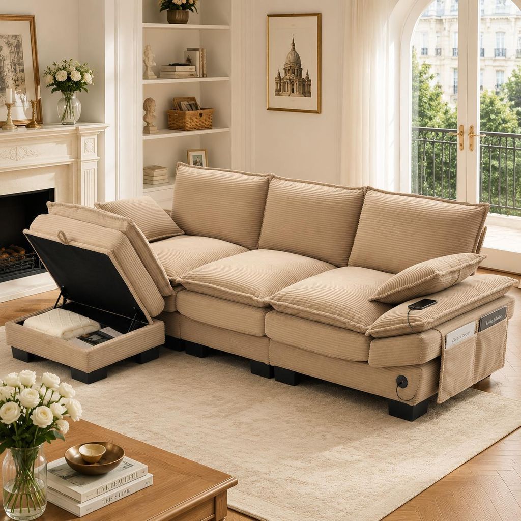 Cord Sofa 3 Sitzer Couch modular Polstersofa mit Hocker USB C Ladestation Seitentasche breite Sitzfläche ergonomisch Wohnzimmercouch Khaki