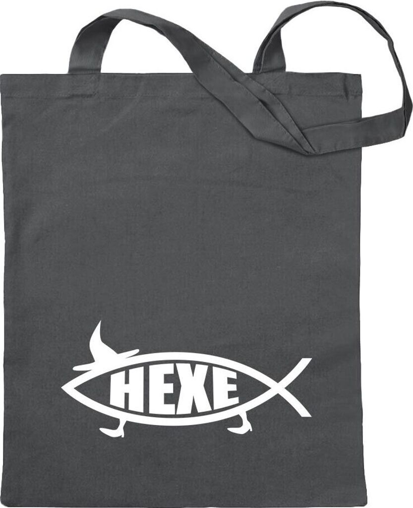 Kiwistar - Baumwolltasche - stahlgrau - Hexe Fisch - Tragetasche Stoffbeutel Umhängetasche Langer Henkel