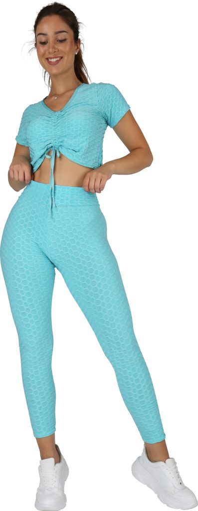 Mytrendshoe Damen Set Figurbetonte Leggings + Crop Tops Sportliche Outfits 837600, Farbe: Türkis, Größe: 40