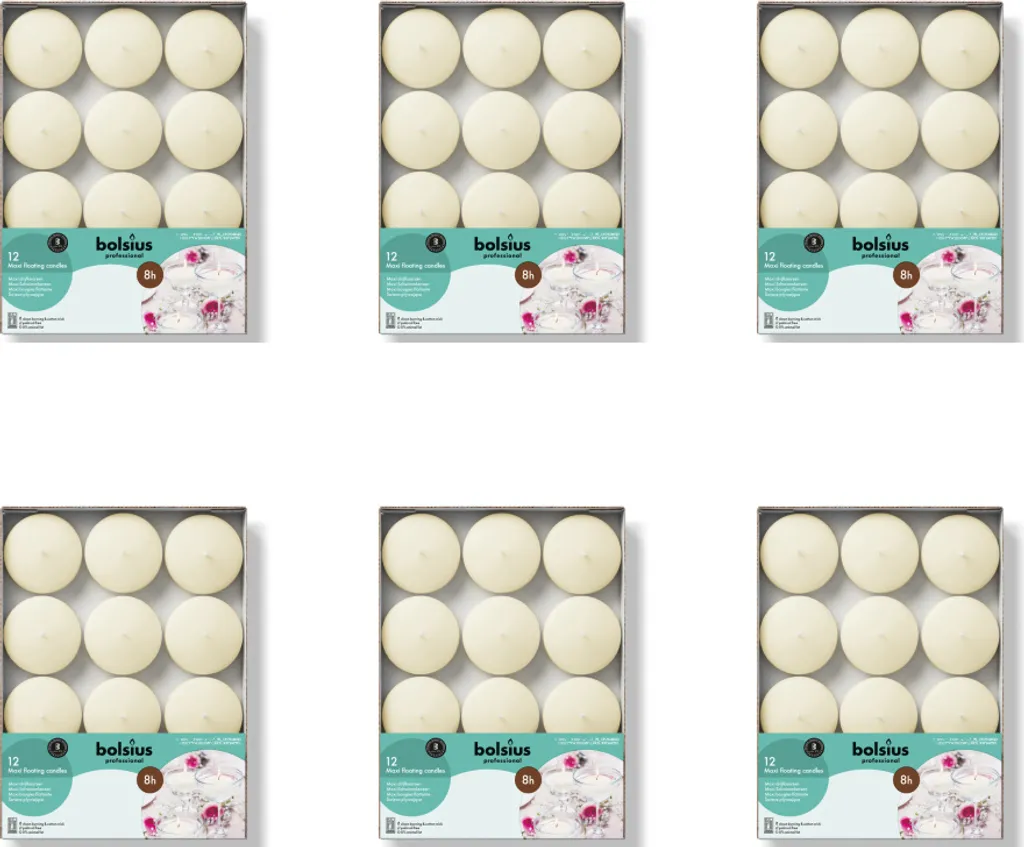 Bolsius - Maxi candele galleggianti - Ø7,7 cm - 12 pezzi per confezione - Avorio - Value pack - 72 pezzi - 6 confezioni