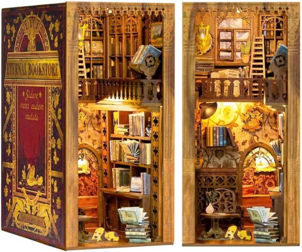 A diorama of a miniature bookstore inside a book-shaped casing, shown from two different angles.