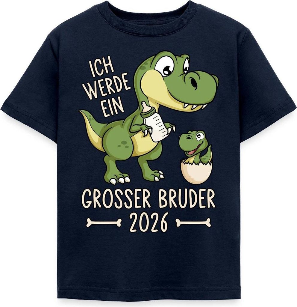 Spreadshirt Großer Bruder 2026 Ei Baby Dino Dinosaurier Kinder T-Shirt, 122/128 (7-8 Jahre), Navy