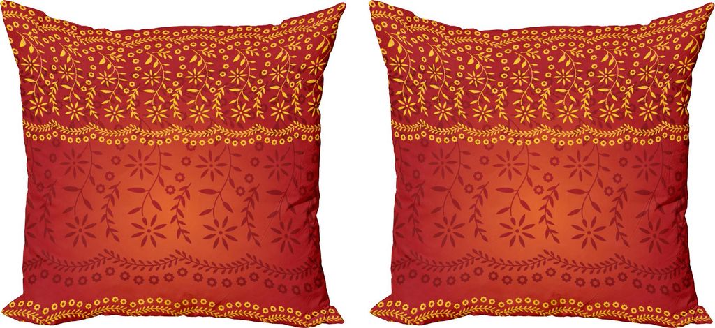 ABAKUHAUS Blumen Kissenbezug Set (2Stück), Kunst Kleine und Blätter- Motiv Folkloric Botanical Muster, 50 x 50 cm, Vermilion Rubin