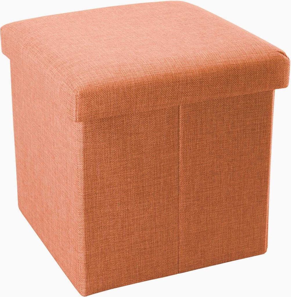 Intirilife Faltbarer Sitzhocker 38x38x38 cm in MANDARINEN ORANGE - Sitzwürfel mit Stauraum und Deckel aus Stoff in Leinen Optik - Sitzcube Fußabl...