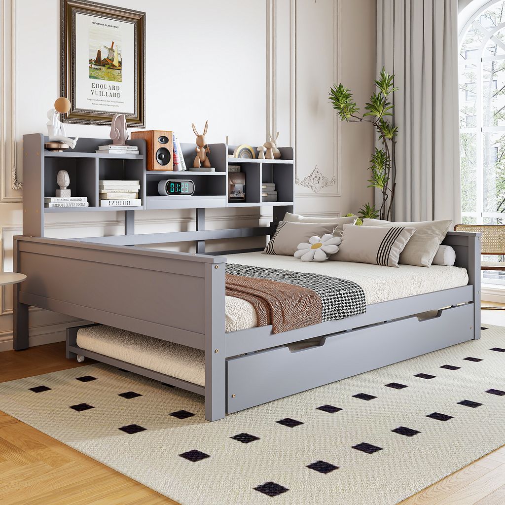 STILVORA Schlafsofa 140x200/90x190 Holzbett Jugendbett mit Staufach und Lattenrost,Multifunktionsbett mit Ausziehbett,Grau(Ohne Matratze)