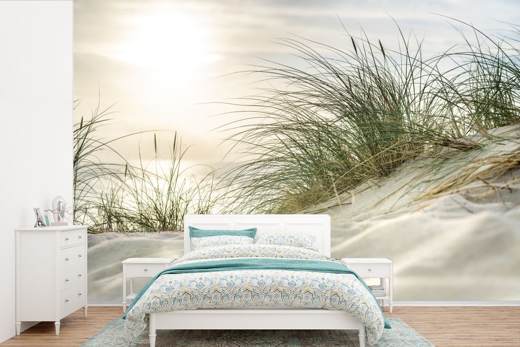 MuchoWow Fototapete für Wohnzimmer oder Schlafzimmer Wandtapete Vinyl Motivtapete Wattenmeer - Dünen - Sonne - 600x400 cm - Vinyltapeten