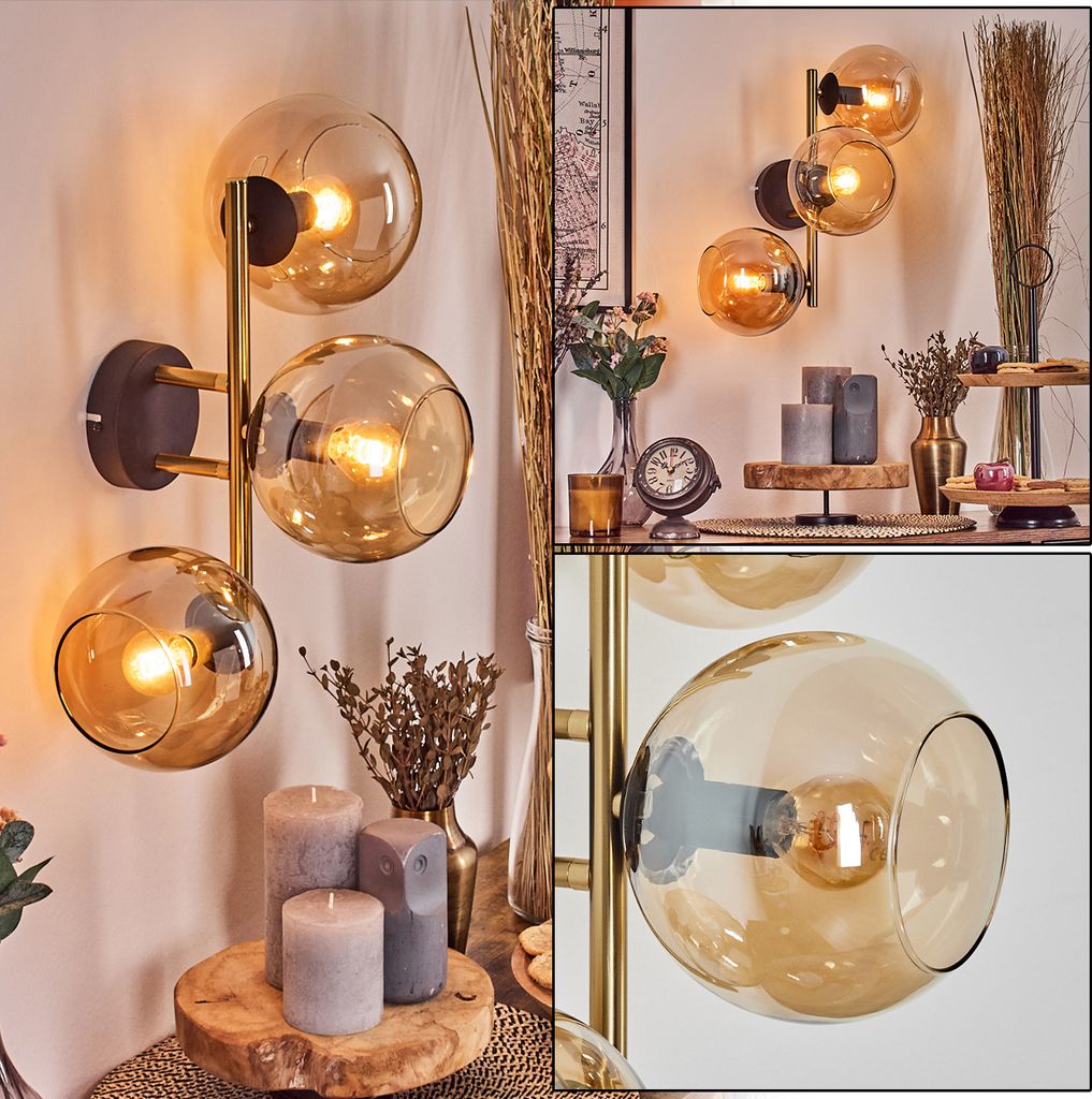 Cesaro Wandlampe aus Metall/Glas in Schwarz/Gold-/Bernsteinfarben