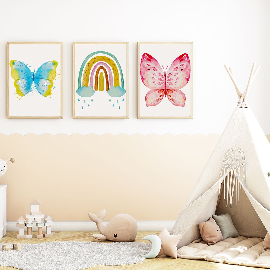 Bunte Schmetterlinge Regenbogen Bilder 3er Set DIN A4 Kinderzimmer Wandbilder Babyzimmer Poster Dekoration