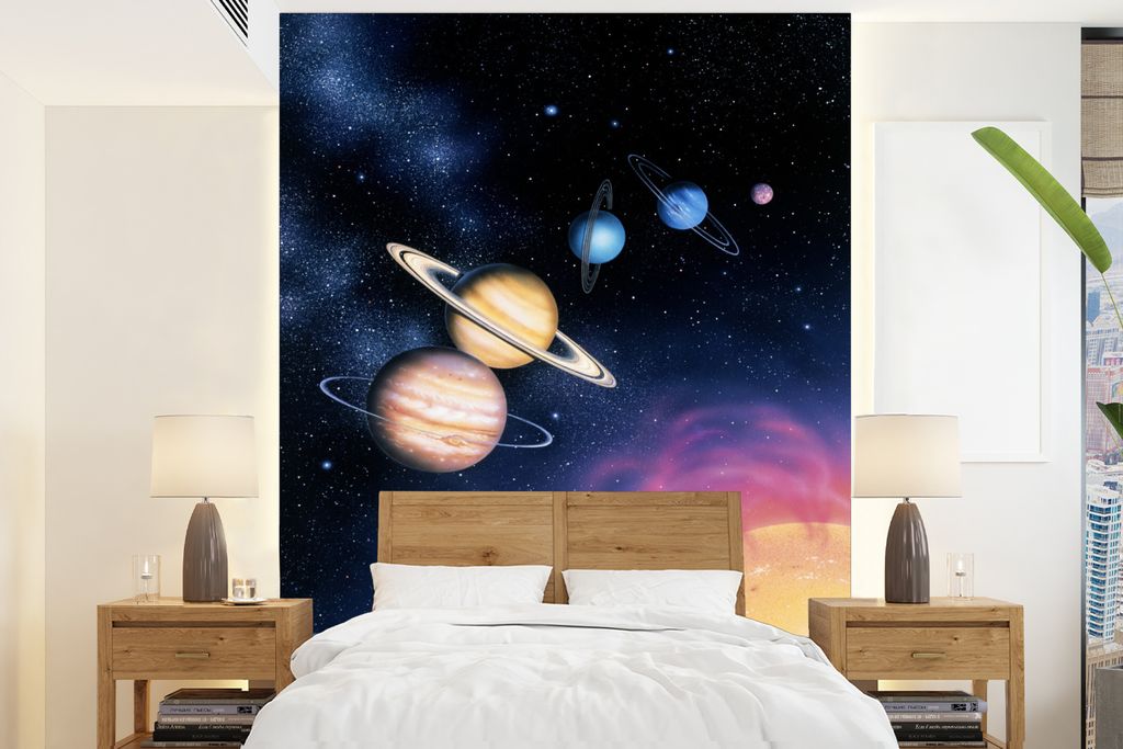 MuchoWow Fototapete für Wohnzimmer oder Schlafzimmer Wandtapete Vinyl Motivtapete Illustration des Sonnensystems - 195x260 cm - Wandbild