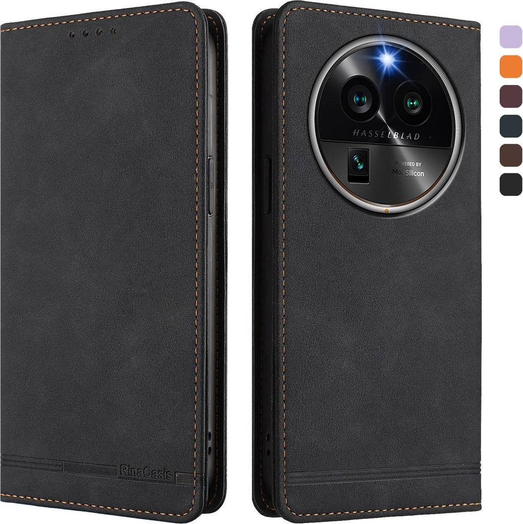 Hülle für Oppo Find X6 Pro, Retro Kunstleder Ständer Klapphülle mit Kartenfächer und Magnetische Schwarz