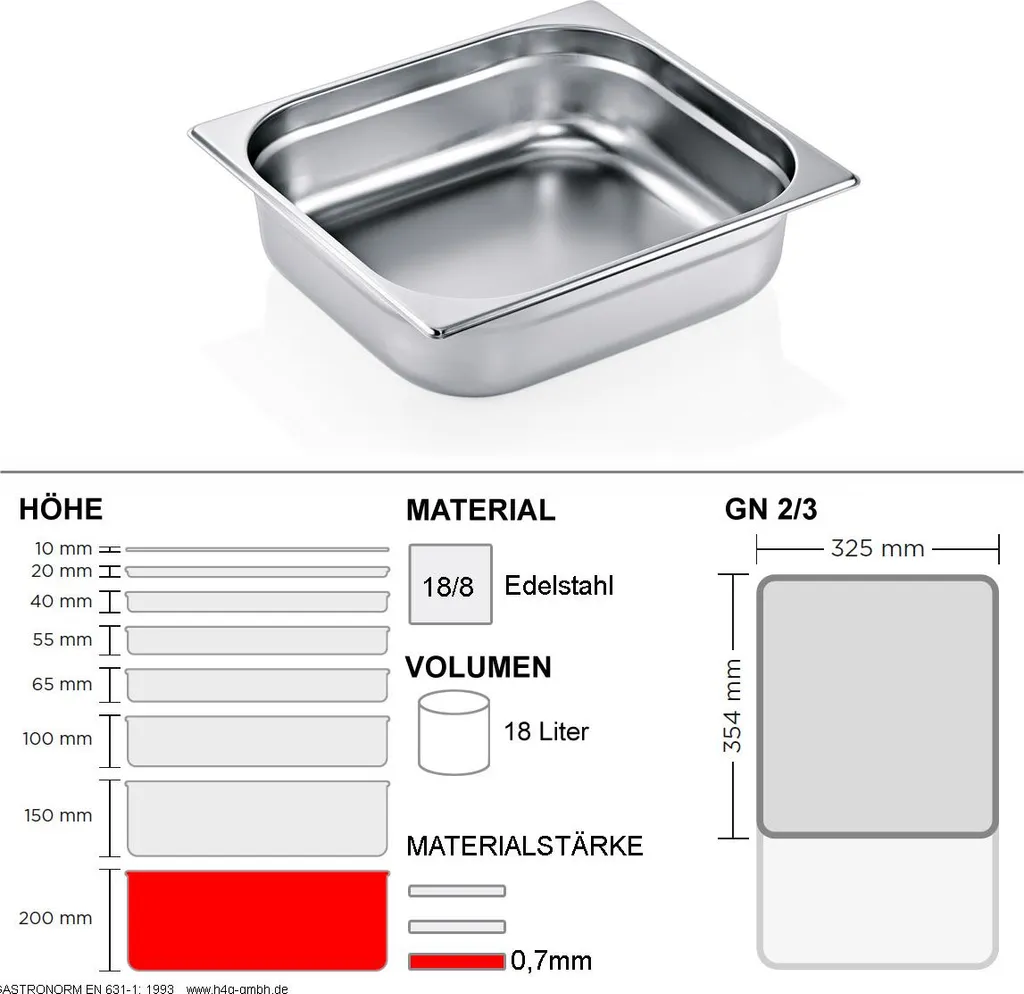 Bac GN 2/3 en Inox 18/8 Robuste 0,7mm profondeur 200mm GN90 Pro