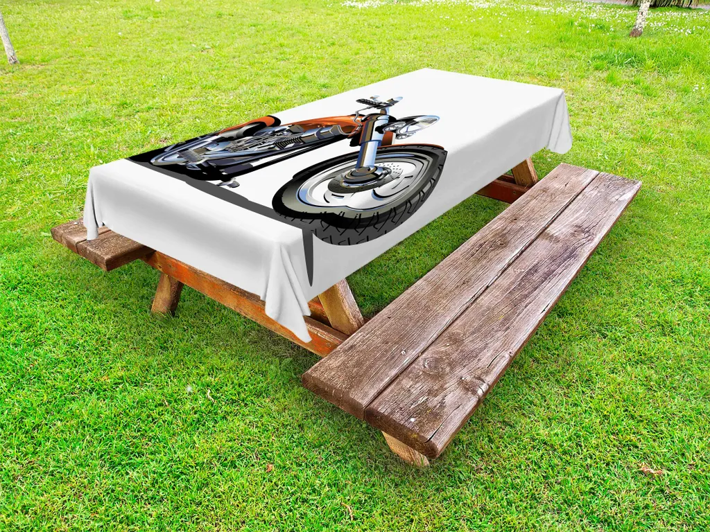 ABAKUHAUS Tovaglia da esterno con motivo motocicletta, avventura motocicletta immagine motociclista gara potente veicolo a motore, arancione nero, 145x265 cm