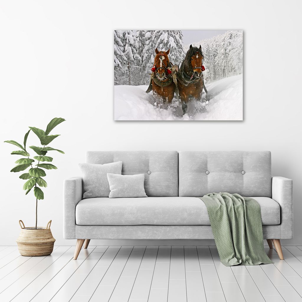 Tulup Glas-Bild - 100 x 70 - Wandbild aus Glas - Wandkunst - Wandbild hinter gehärtetem Sicherheitsglas - Tiere - Pferdeschlittenfahrt - Braun
