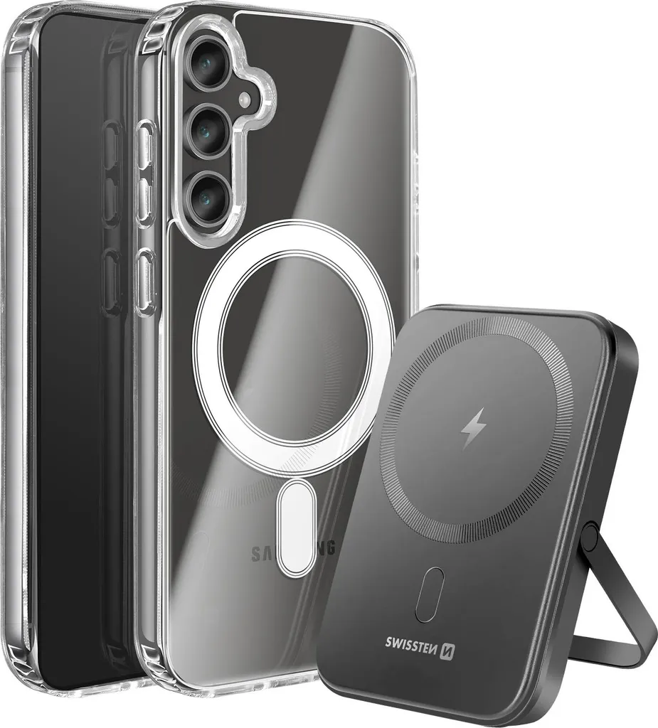 Swissten, set MagSafe per Galaxy S24 FE con custodia in bi-materiale e powerbank, trasparente