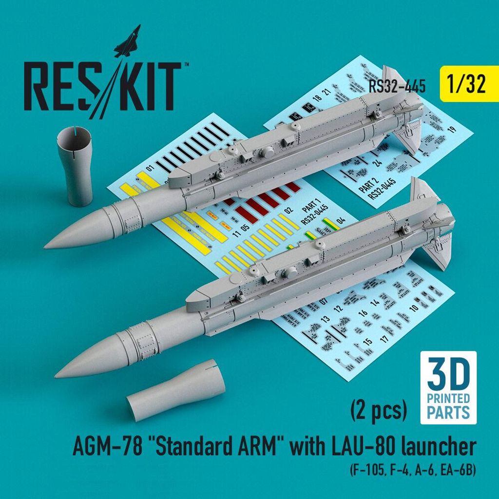 ResKit RS32-0445 - 1:32 AGM-78 Standard ARM with LAU-80 launcher (2 pcs) (F-105,F-4,A-6,EA-6B) (3D Printed)