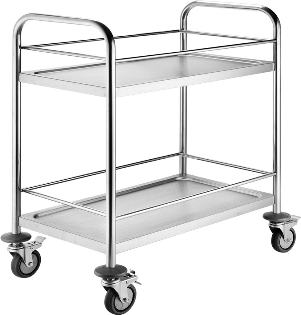 A stainless steel serving cart with two shelves and four wheels.