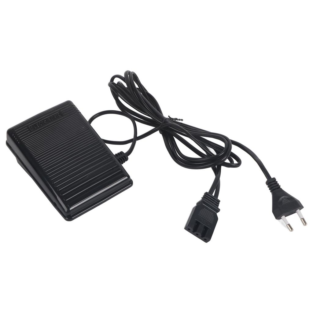 A black foot pedal for a sewing machine with its power cord and plug.