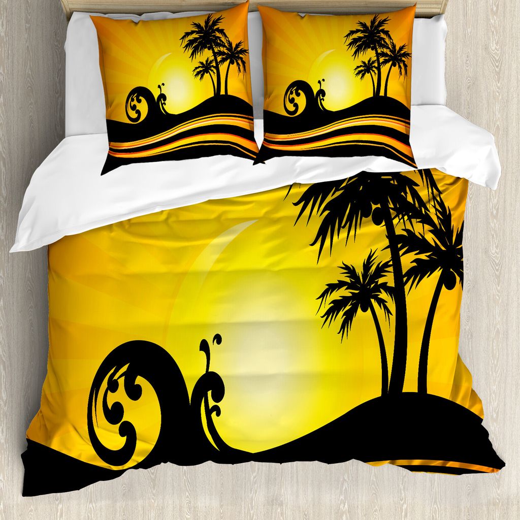 ABAKUHAUS Strand Bettbezug, Ferien Wellen und Bäume, Milbensicher Allergiker geeignet mit Kissenbezügen, 200 cm x 200 cm - 80 x 80 cm, Schwarz Or...