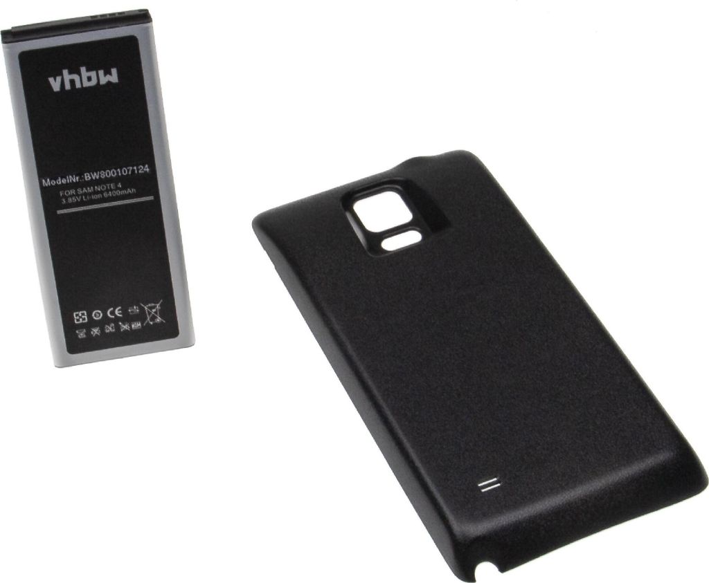 vhbw Akku kompatibel mit Samsung Galaxy Note 4, SM-N910C, SM-N910A Handy Smartphone Telefon (6400 mAh, 3,85 V, Li-Ion) + Gehäuserückdeckel schwarz